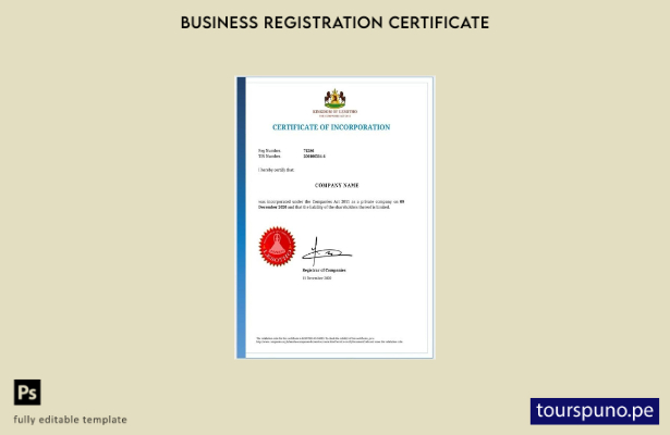 Plantilla de certificado de incorporación de Lesotho lista para imprimir
